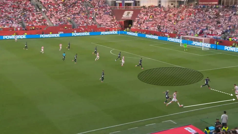 Screen grab from Croatia 1-0 Panama. A arrow is drawn to show the wingback of Panama moving to press Croatiaâs winger. Another arrow is drawn showing the pass from fullback to winger.