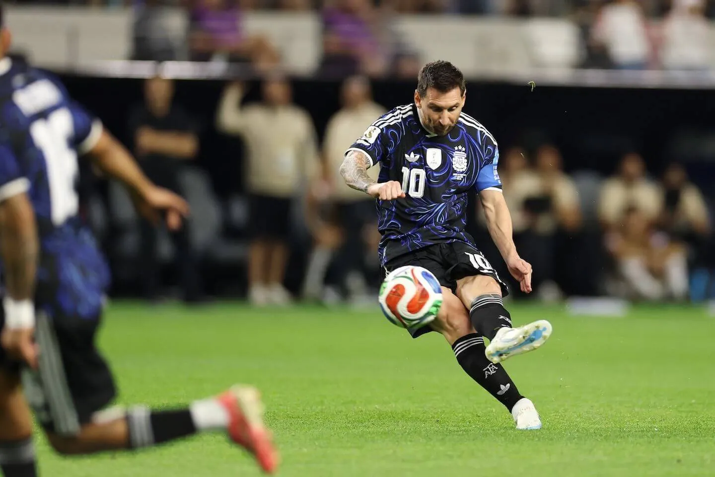 Lionel Messi #10 of Argentina takes a shot at goal during the FIFA World Cup 2026 Group J match between Jordan and Argentina at Dallas Stadium on June 27, 2026 in Arlington, Texas.