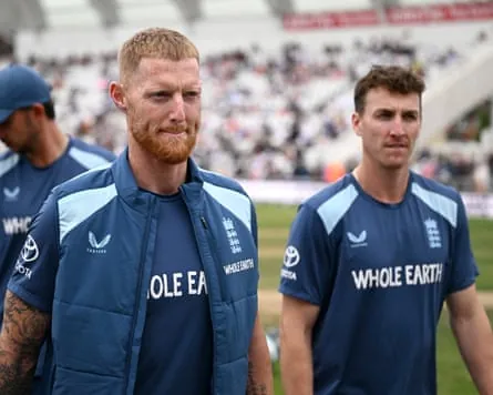 The England cricketers Ben Stokes (left) and Harry Brook (right) react on the field of play at Trent Bridge after losing the third Test to New Zealand.