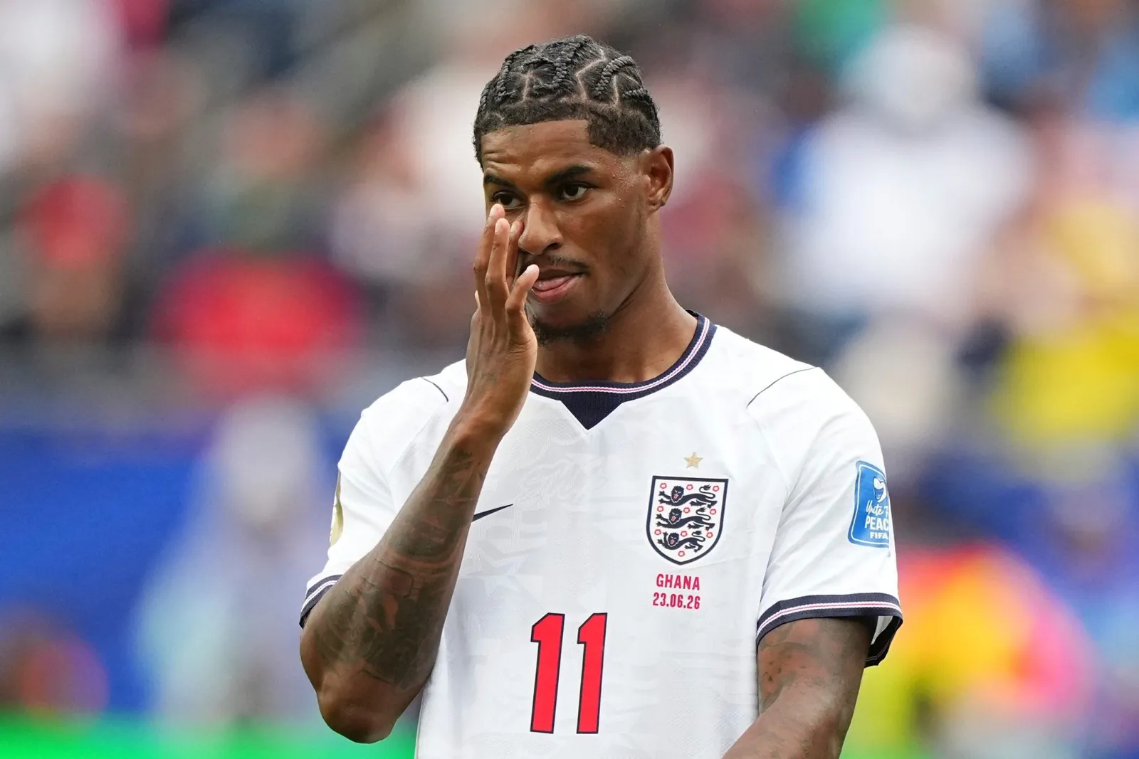 England's Marcus Rashford (11) gestures during the World Cup Group L soccer match between England and Ghana in Foxborough, Mass., near Boston, Tuesday, June 23, 2026. (AP Photo/Martin Meissner)