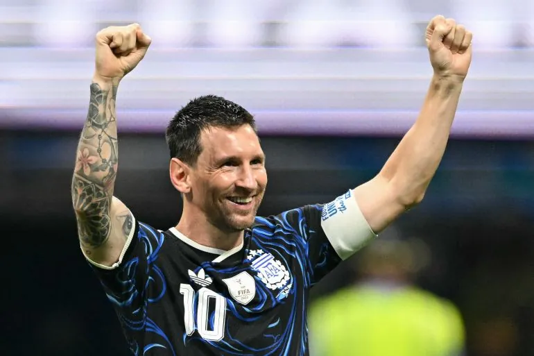 Argentina's forward #10 Lionel Messi celebrates after winning the 2026 World Cup football tournament semi-final match between England and Argentina at the Atlanta Stadium in Atlanta on July 15, 2026. (Photo by ROBERTO SCHMIDT / AFP)