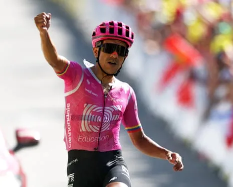 Richard Carapaz celebrates as he crosses the finish line to win stage 18 of the Tour de France