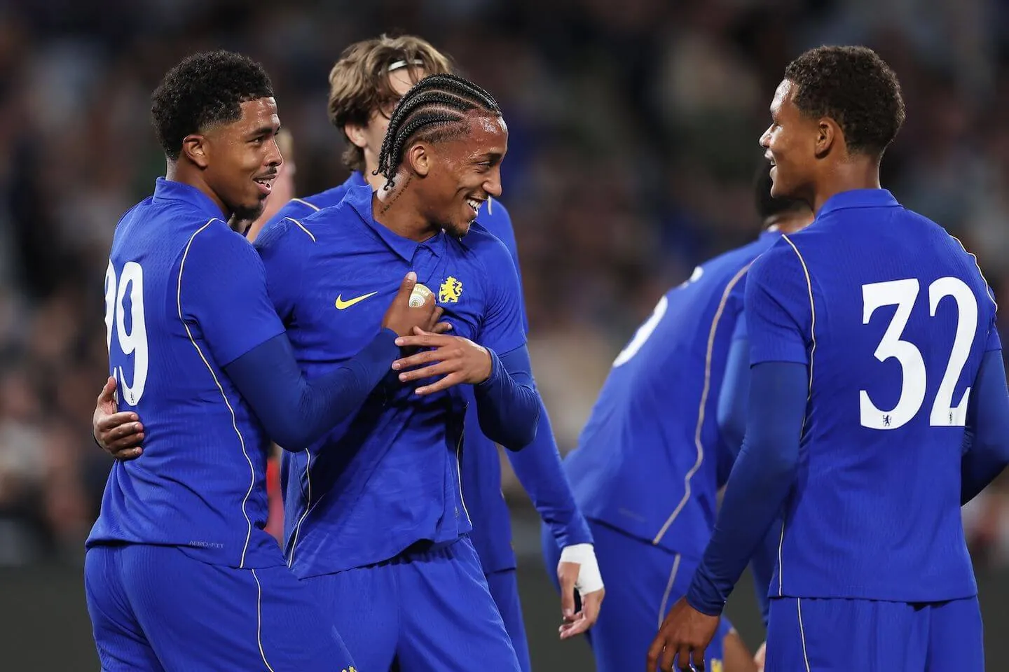 Joao Pedro of Chelsea celebrates with team mates after scoring a goal during the Sydney Super Cup match between Western Sydney Wanderers and Chelsea FC at Accor Stadium on July 28, 2026 in Sydney, Australia.